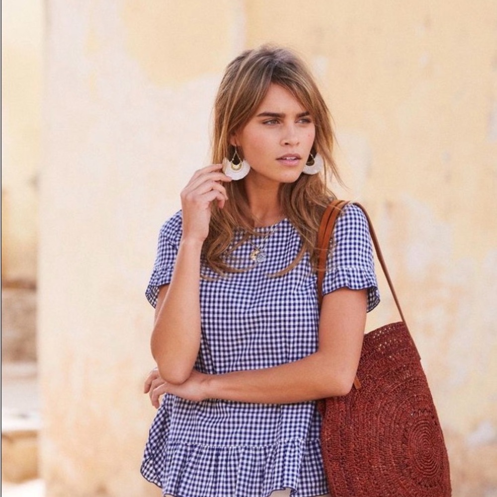 Sezane Alix Navy Blue Gingham Blouse